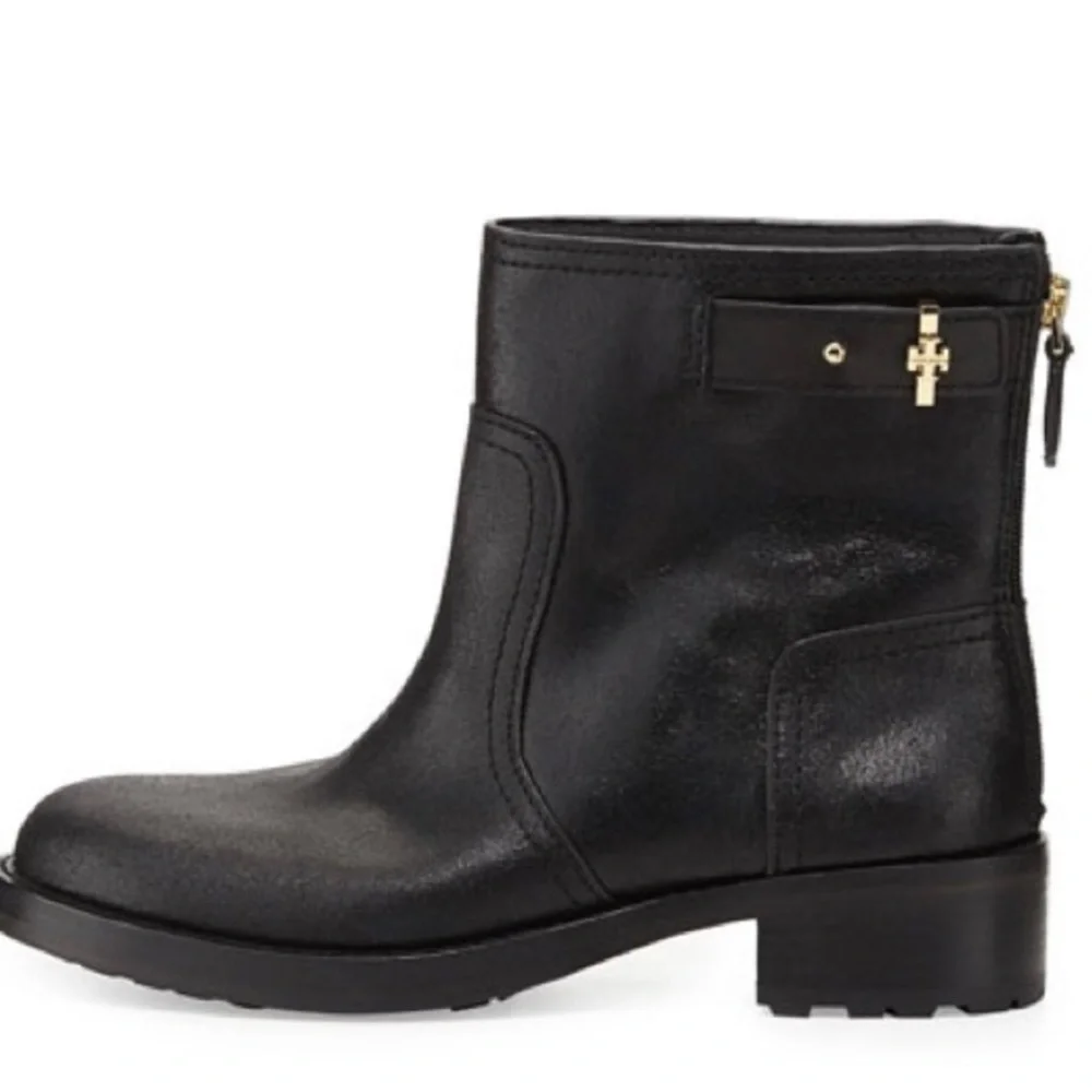 Tory Burch Selena Boots Bootie Black Metallic Distressed Reva Moto Zip Ankle